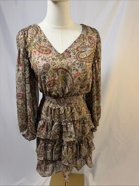 NWOT Vince Camuto Paisley Floral Long-Sleeve Tiered Mini Dress - Beige Multi
